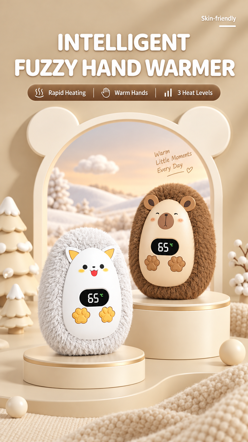CozyPaw rechargeable plush hand warmer in Brown Bear and White Cat styles