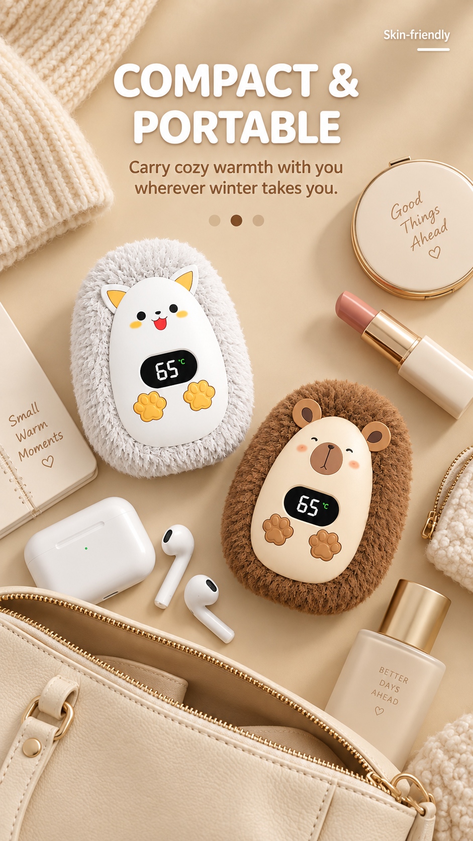 CozyPaw hand warmer shown compact and portable in a bag