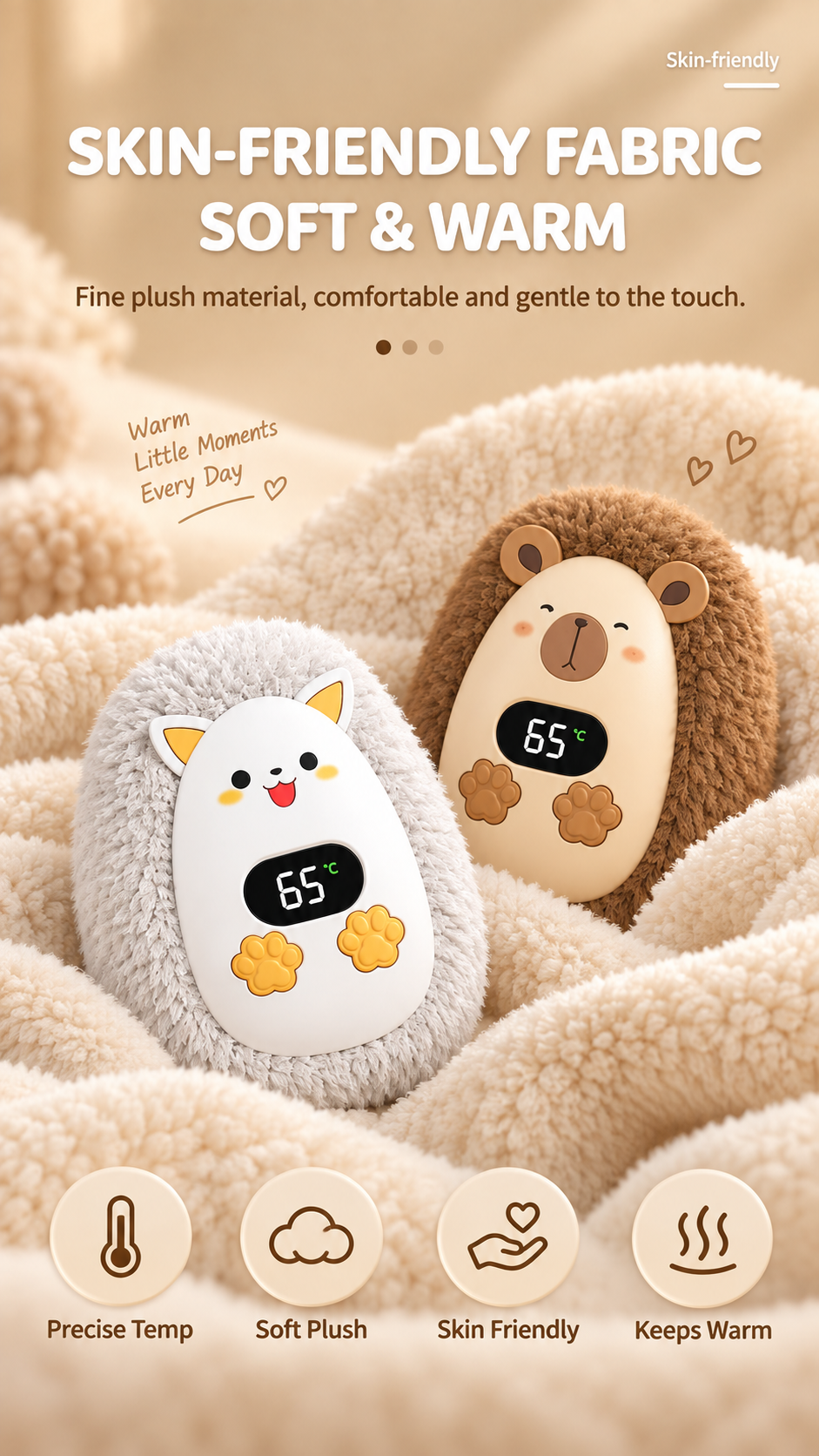 Soft plush fabric of the CozyPaw hand warmer