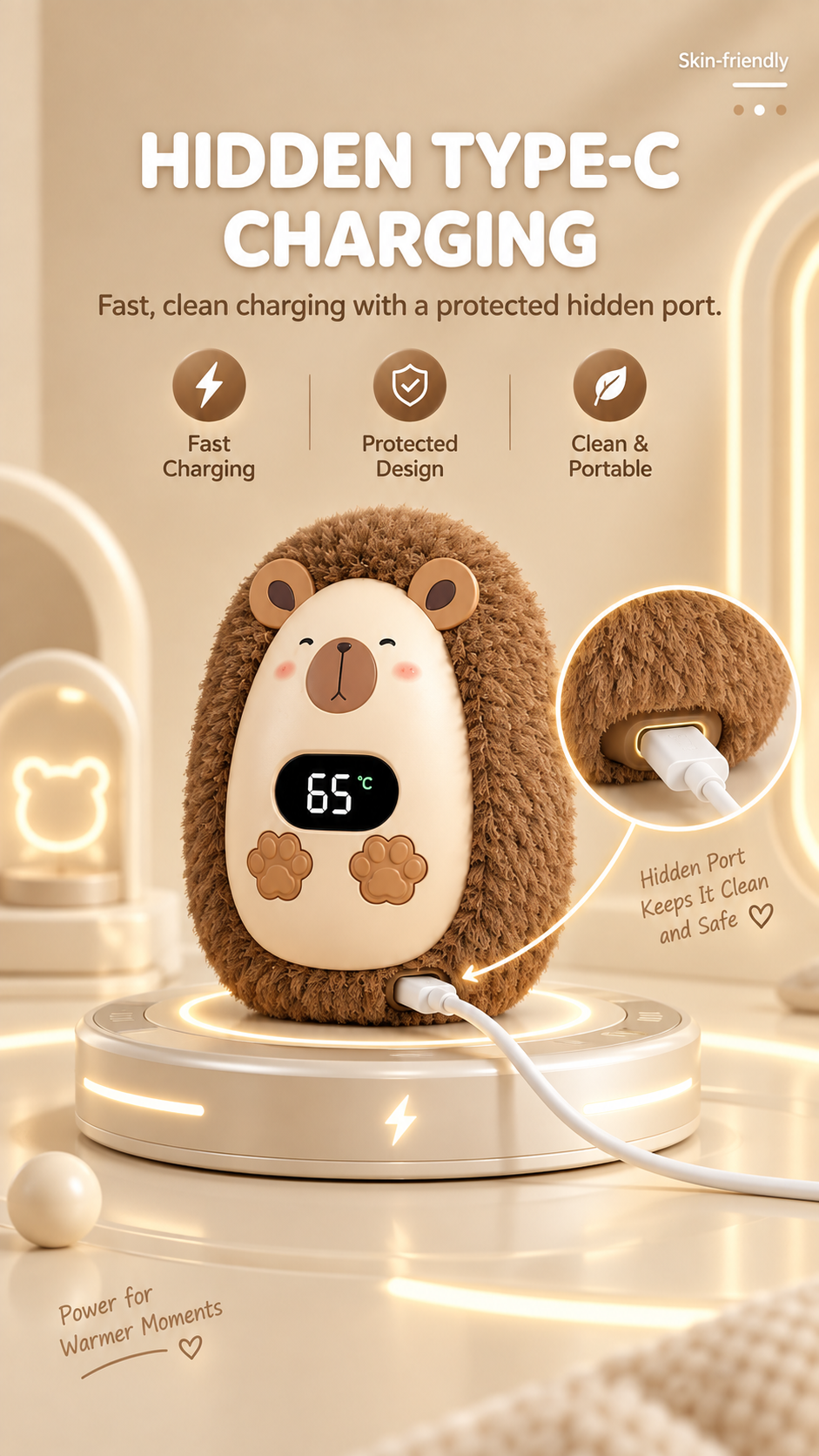 Hidden USB-C charging port on the CozyPaw hand warmer